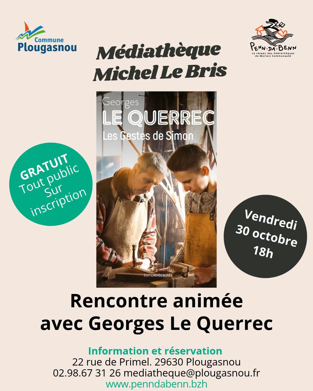 Rencontre avec Georges Le Querrec à la médiathèque Michel Le Bris, vendredi 30 octobre à 18h. 📖